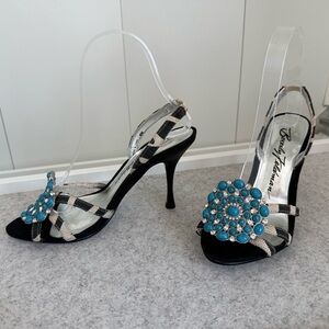 Beverly Feldman Chic Turquoise Embellished Slingback Heels Sz 6 Heeled Sandals